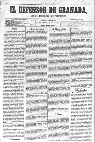 'El Defensor de Granada  : diario político independiente' - Año IV Número 931  - 1883 Abril 27