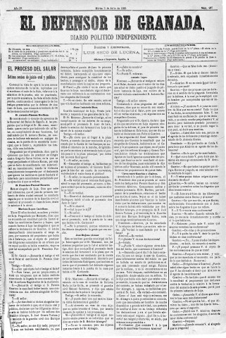 'El Defensor de Granada  : diario político independiente' - Año IV Número 997  - 1883 Julio 03