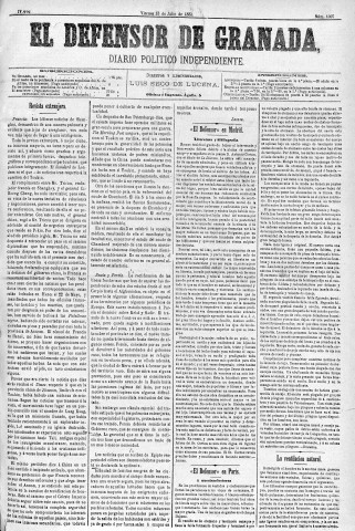 'El Defensor de Granada  : diario político independiente' - Año IV Número 1007  - 1883 Julio 13