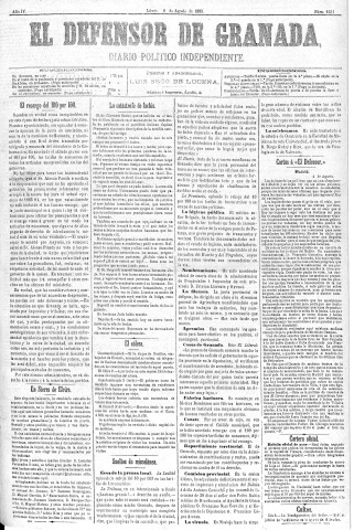 'El Defensor de Granada  : diario político independiente' - Año IV Número 1031  - 1883 Agosto 06