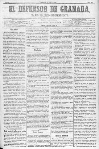 'El Defensor de Granada  : diario político independiente' - Año IV Número 1033  - 1883 Agosto 08