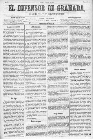 'El Defensor de Granada  : diario político independiente' - Año IV Número 1034  - 1883 Agosto 09