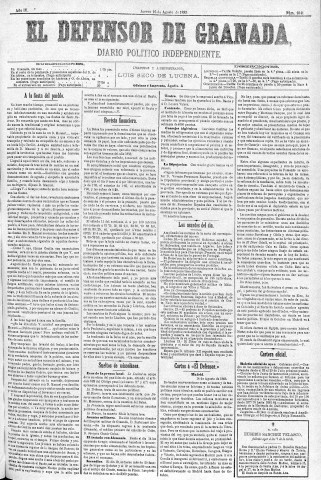 'El Defensor de Granada  : diario político independiente' - Año IV Número 1041  - 1883 Agosto 16
