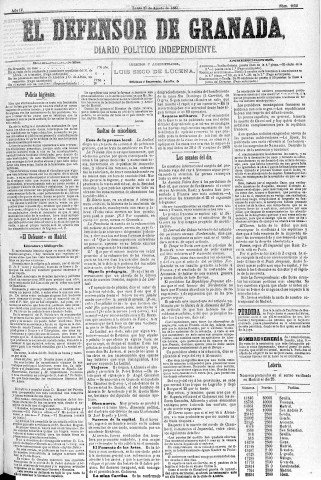 'El Defensor de Granada  : diario político independiente' - Año IV Número 1052  - 1883 Agosto 27