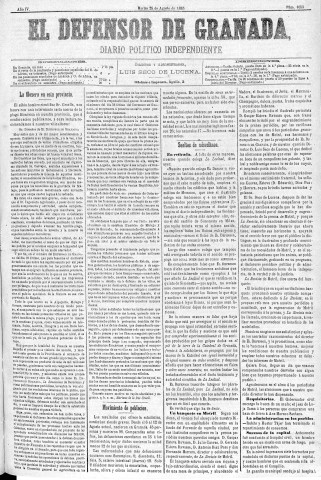 'El Defensor de Granada  : diario político independiente' - Año IV Número 1053  - 1883 Agosto 28