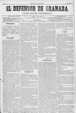 'El Defensor de Granada  : diario político independiente' - Año IV Número 1108  - 1883 Octubre 24