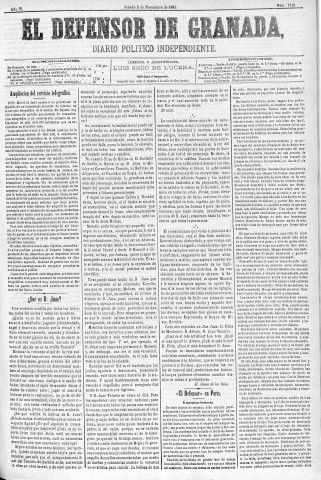 'El Defensor de Granada  : diario político independiente' - Año IV Número 1118  - 1883 Noviembre 03