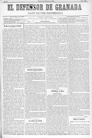 'El Defensor de Granada  : diario político independiente' - Año IV Número 1125  - 1883 Noviembre 10