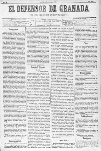 'El Defensor de Granada  : diario político independiente' - Año IV Número 1141  - 1883 Noviembre 26