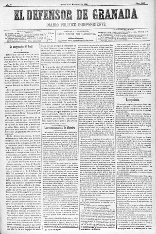 'El Defensor de Granada  : diario político independiente' - Año IV Número 1142  - 1883 Noviembre 27