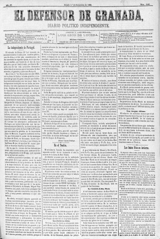 'El Defensor de Granada  : diario político independiente' - Año IV Número 1146  - 1883 Diciembre 01