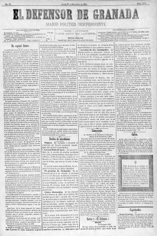 'El Defensor de Granada  : diario político independiente' - Año IV Número 1171  - 1883 Diciembre 27