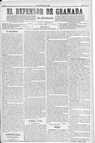 'El Defensor de Granada  : diario político independiente' - Año V Número 1414  - 1884 Agosto 29