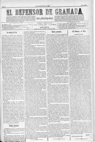 'El Defensor de Granada  : diario político independiente' - Año V Número 1420  - 1884 Septiembre 04