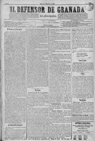 'El Defensor de Granada  : diario político independiente' - Año V Número 1514  - 1884 Diciembre 08