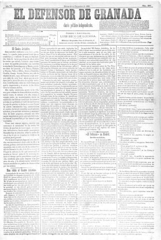 'El Defensor de Granada  : diario político independiente' - Año VI Número 1959  - 1885 Diciembre 29