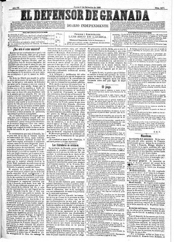 'El Defensor de Granada  : diario político independiente' - Año IX Número 2970  - 1888 Septiembre 06