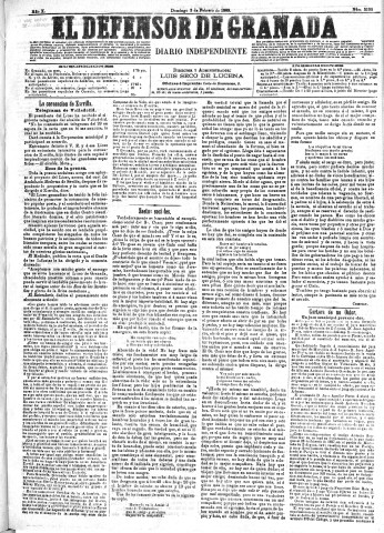 'El Defensor de Granada  : diario político independiente' - Año X Número 3120  - 1889 Febrero 03
