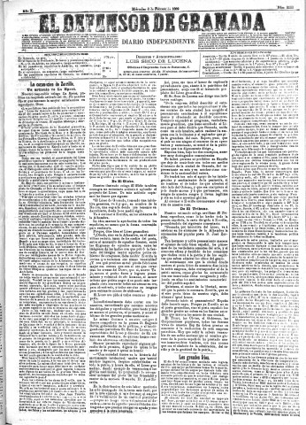 'El Defensor de Granada  : diario político independiente' - Año X Número 3123  - 1889 Febrero 06