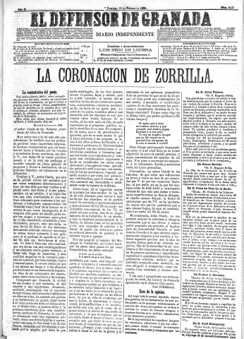 'El Defensor de Granada  : diario político independiente' - Año X Número 3127  - 1889 Febrero 10