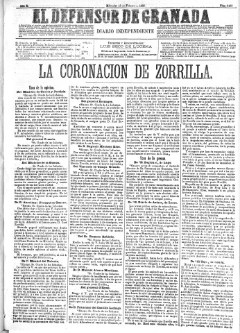 'El Defensor de Granada  : diario político independiente' - Año X Número 3130  - 1889 Febrero 13