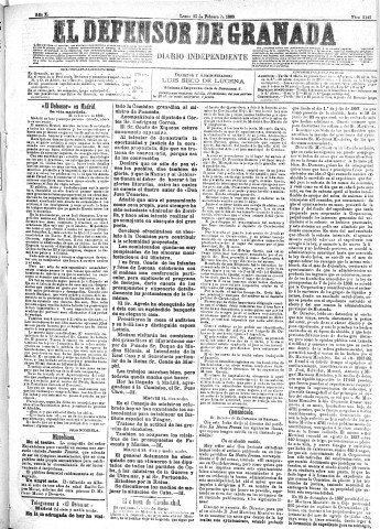 'El Defensor de Granada  : diario político independiente' - Año X Número 3142  - 1889 Febrero 25