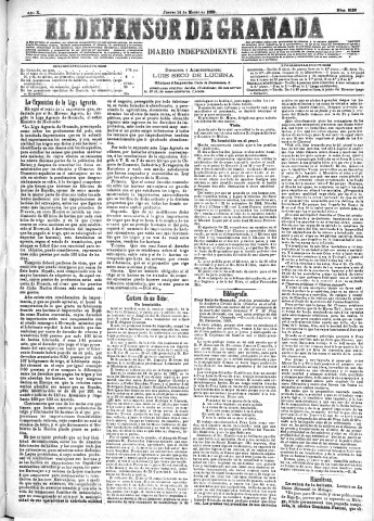 'El Defensor de Granada  : diario político independiente' - Año X Número 3158  - 1889 Marzo 14