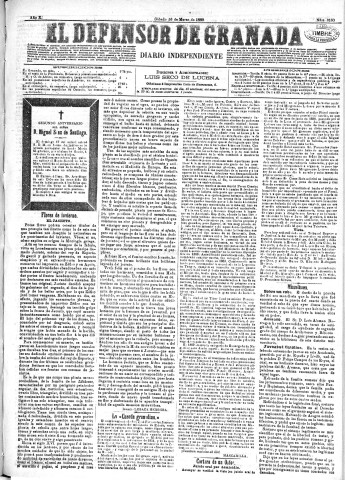 'El Defensor de Granada  : diario político independiente' - Año X Número 3160  - 1889 Marzo 16