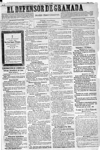 'El Defensor de Granada  : diario político independiente' - Año X Número 3175  - 1889 Abril 01