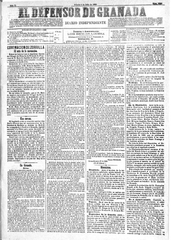 'El Defensor de Granada  : diario político independiente' - Año X Número 3269  - 1889 Julio 06