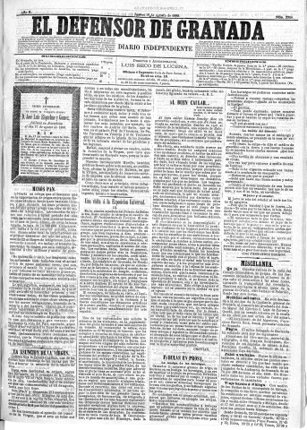 'El Defensor de Granada  : diario político independiente' - Año X Número 3309  - 1889 Agosto 15