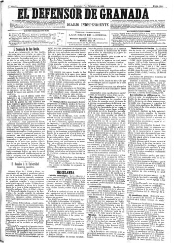 'El Defensor de Granada  : diario político independiente' - Año X Número 3326  - 1889 Septiembre 01