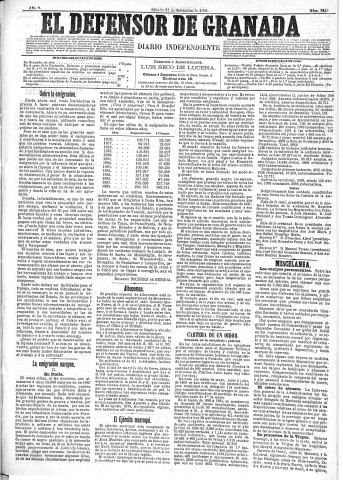 'El Defensor de Granada  : diario político independiente' - Año X Número 3349  - 1889 Septiembre 21
