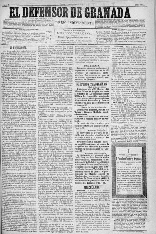 'El Defensor de Granada  : diario político independiente' - Año X Número 3379  - 1889 Octubre 21