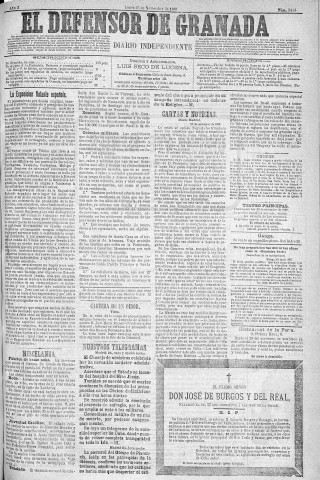 'El Defensor de Granada  : diario político independiente' - Año X Número 3414  - 1889 Noviembre 25