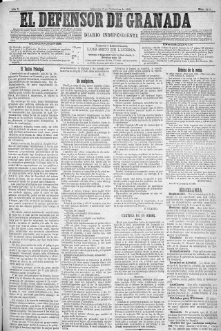 'El Defensor de Granada  : diario político independiente' - Año X Número 3416  - 1889 Noviembre 27