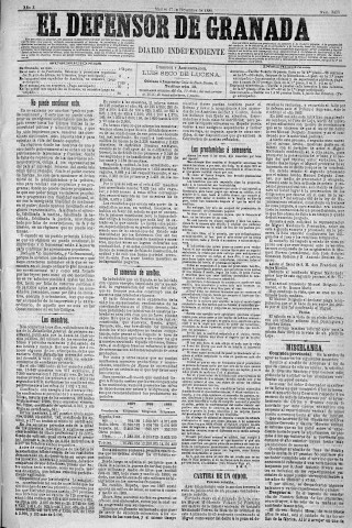 'El Defensor de Granada  : diario político independiente' - Año X Número 3436  - 1889 Diciembre 17