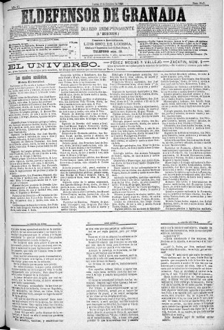 'El Defensor de Granada  : diario político independiente' - Año XI Número 3845 1ª ed. - 1890 Octubre 02