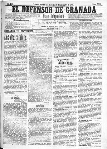'El Defensor de Granada  : diario político independiente' - Año XIII Número 5913 1ª ed. - 1892 Diciembre 28