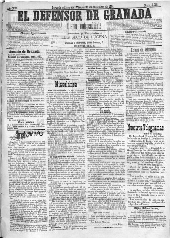 'El Defensor de Granada  : diario político independiente' - Año XIII Número 5918 2ª ed. - 1892 Diciembre 30