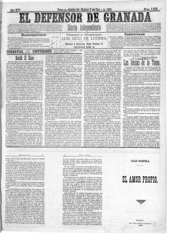 'El Defensor de Granada  : diario político independiente' - Año XIV Número 5923 1ª ed. - 1893 Enero 03