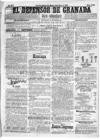 'El Defensor de Granada  : diario político independiente' - Año XIV Número 5924 2ª ed. - 1893 Enero 03