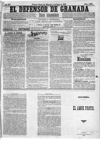 'El Defensor de Granada  : diario político independiente' - Año XIV Número 5925 1ª ed. - 1893 Enero 04