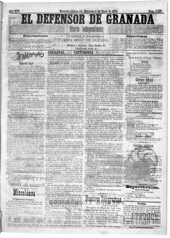 'El Defensor de Granada  : diario político independiente' - Año XIV Número 5926 2ª ed. - 1893 Enero 04