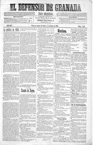 'El Defensor de Granada  : diario político independiente' - Año XVI Número 7151 1ª ed. - 1895 Enero 05