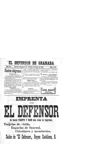'El Defensor de Granada  : diario político independiente' - Año XVI Número 7151  - 1895 Enero 05