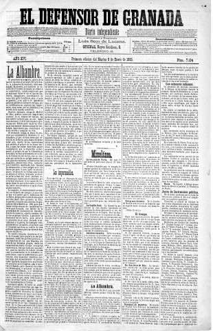 'El Defensor de Granada  : diario político independiente' - Año XVI Número 7154 1ª ed. - 1895 Enero 08