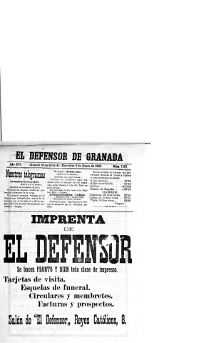 'El Defensor de Granada  : diario político independiente' - Año XVI Número 7157  - 1895 Enero 09
