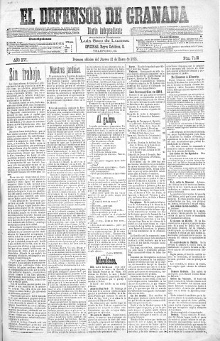 'El Defensor de Granada  : diario político independiente' - Año XVI Número 7158 1ª ed. - 1895 Enero 10