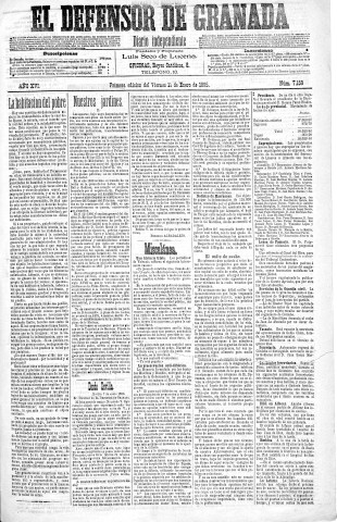 'El Defensor de Granada  : diario político independiente' - Año XVI Número 7159 1ª ed. - 1895 Enero 11